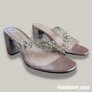 NWOT Adrienne Vittadini Nude Block Heels w/ Clear Straps and Bling, Size 8